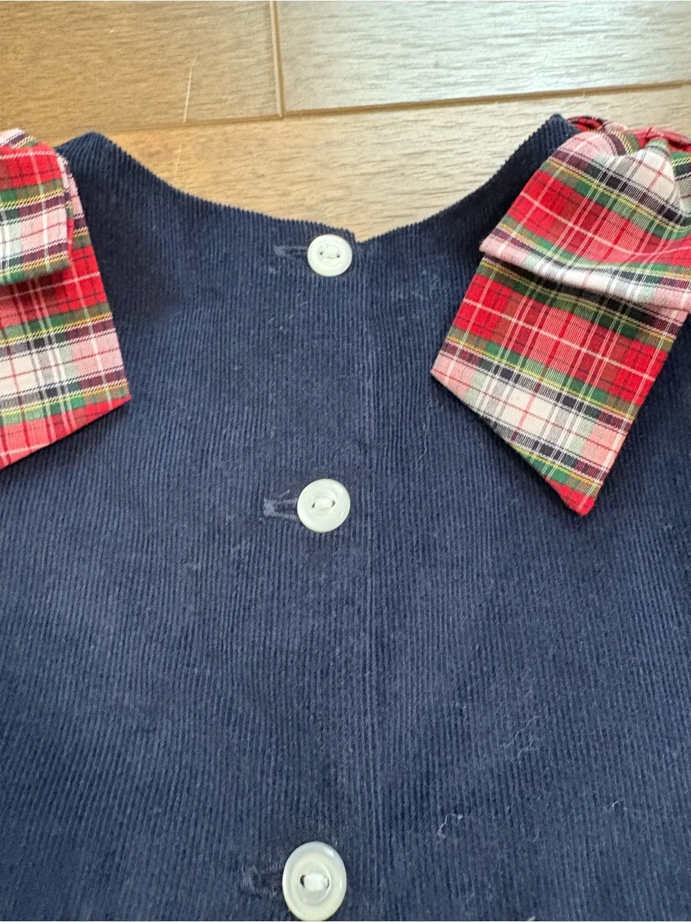 The Beaufort Bonnet Company Navy Blue Corduroy One-Piece with Red Plaid Trim